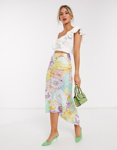Атласная юбка миди в стиле 70-х с цветочным принтом ASOS DESIGN-Мульти