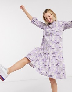 Лавандовое платье-рубашка миди с принтом и заниженной талией Monki-Фиолетовый
