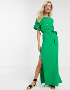 Зеленое платье макси с оборками на рукавах и поясом ASOS DESIGN-Зеленый