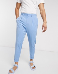 Голубые зауженные строгие брюки со складками и подворотами ASOS DESIGN-Синий