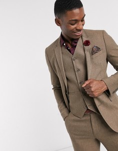 Приталенный пиджак верблюжьего цвета с добавлением шерсти и шевронным узором ASOS DESIGN wedding-Бежевый