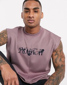 Бежевая длинная oversized-футболка без рукавов с принтом ASOS DESIGN-Фиолетовый