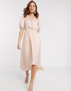 Светло-розовое атласное платье миди с пышными рукавами Vero Moda-Розовый
