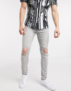 Серые джинсы со рваной отделкой и напылением Topman-Серый