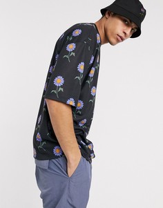 Удлиненная футболка oversized с цветочным принтом ASOS DESIGN-Черный
