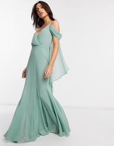 Платье макси мятного цвета с V-образным вырезом и открытыми плечами Goddiva-Зеленый