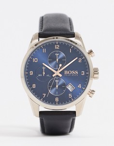 Часы с черным кожаным ремешком и синим циферблатом BOSS 1513783-Черный