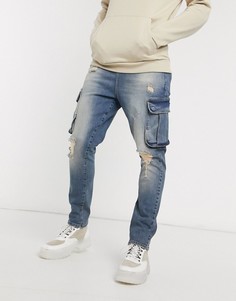Синие джинсы заниженного кроя с карманами карго ASOS DESIGN-Синий