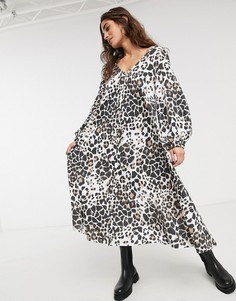 Фактурное свободное платье миди с V-образным вырезом и звериным принтом ASOS DESIGN-Мульти