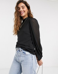 Черный топ с рукавами из сетки добби и высоким воротником ASOS DESIGN