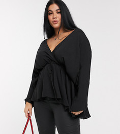 Черный топ с рукавами "летучая мышь" и завязкой ASOS DESIGN Curve