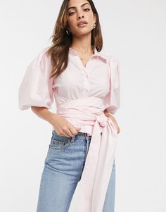 Розовая хлопковая рубашка с пышными рукавами и поясом ASOS DESIGN-Бесцветный