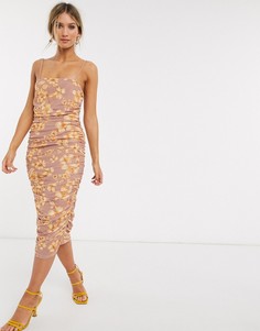Сетчатое платье на бретелях с цветочным принтом и сборками ASOS DESIGN-Мульти