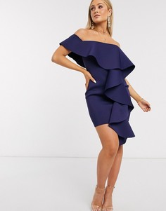Темно-синее платье мини с открытыми плечами и оборкой Missguided-Темно-синий