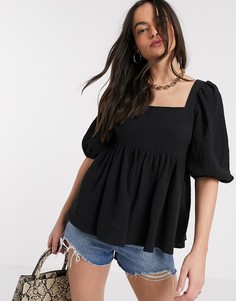 Черный фактурный топ с баской и шнуровкой на спине ASOS DESIGN
