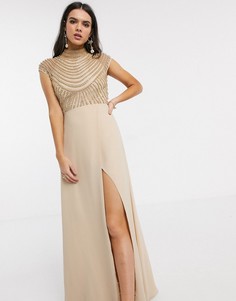 Бежевое платье макси с декорированным лифом и запахом на юбке ASOS DESIGN-Мульти