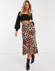Атласная юбка миди с леопардовым принтом ASOS DESIGN-Мульти