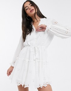 Белое свободное платье мини с длинными рукавами и вышивкой ришелье River Island-Белый