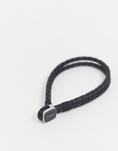Кожаный плетеный браслет черного цвета с металлической застежкой Hugo Boss-Черный
