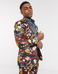 Черный приталенный пиджак с принтом птиц Topman