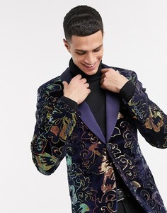 Супероблегающий бархатный пиджак темно-синего цвета с пайетками ASOS DESIGN-Темно-синий