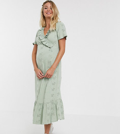 Шалфейно-зеленое платье миди с вышивкой ришелье и оборками ASOS DESIGN Maternity-Зеленый