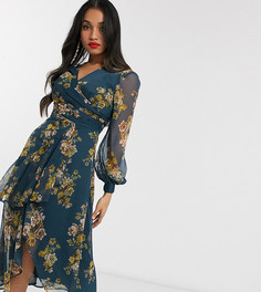 Синее платье миди с запахом на юбке и цветочным принтом ASOS DESIGN Petite-Мульти