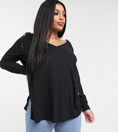 Черный длинный топ в рубчик с разрезами по бокам ASOS DESIGN Curve