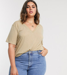 Бежевая свободная футболка с V-образным вырезом ASOS DESIGN Curve-Бежевый