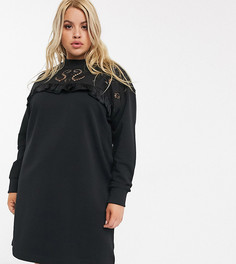 Черное платье-свитшот мини с вышивкой ришелье и оборкой River Island Plus-Черный