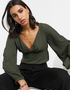 Блузка цвета хаки с длинными рукавами и V-образным вырезом ASOS DESIGN-Зеленый