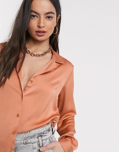 Свободная атласная рубашка персикового цвета с длинными рукавами ASOS DESIGN-Бесцветный