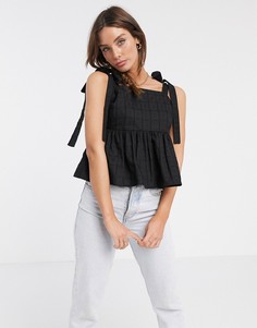 Черный топ в фактурную клетку на завязках с квадратным вырезом ASOS DESIGN