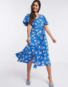 Платье миди на пуговицах с цветочным принтом River Island-Синий