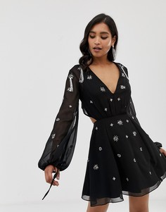 Платье мини с длинными рукавами и отделкой ASOS DESIGN-Черный