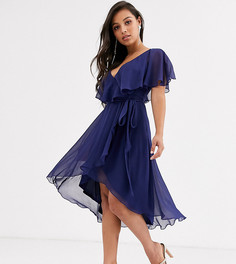 Платье миди с кейпом на спине и удлиненным краем ASOS DESIGN Petite-Синий