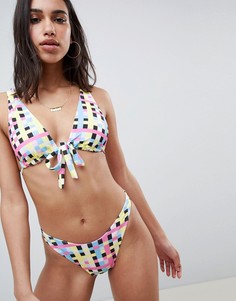 Бразильские плавки бикини с высоким вырезом и пиксельным принтом ASOS DESIGN-Мульти