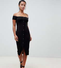 Платье миди в рубчик с открытыми плечами и кнопками ASOS DESIGN Petite-Черный