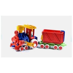 Каталка-игрушка Форма Паровозик Ромашка с вагоном (С-118-Ф) синий/красный/желтый