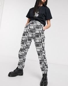 Широкие брюки с завышенной талией и принтом логотипа Obey-Мульти