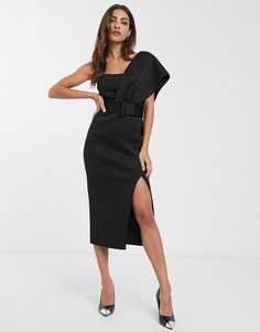 Черное платье миди на одно плечо с поясом ASOS DESIGN-Черный