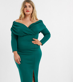 Зеленое присборенное платье миди с длинными рукавами и открытыми плечами ASOS DESIGN Curve-Зеленый