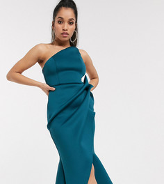 Сине-зеленое платье-футляр миди на одно плечо с юбкой годе ASOS DESIGN Petite-Синий