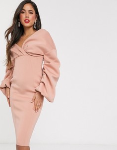 Розовое платье-футляр миди с объемными рукавами ASOS DESIGN-Бежевый