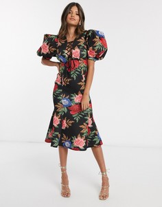 Платье-футляр миди с цветочным принтом и объемными рукавами ASOS DESIGN-Бежевый