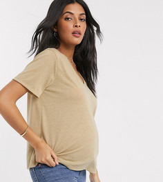 Бежевая свободная футболка с V-образным вырезом и добавлением льна ASOS DESIGN Maternity-Бежевый