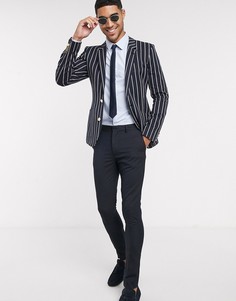 Темно-синий супероблегающий пиджак в полоску с золотистыми пуговицами ASOS DESIGN