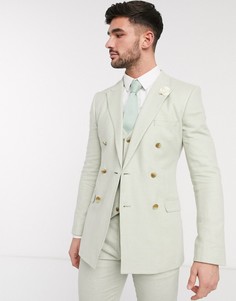 Облегающий двубортный пиджак из хлопка и льна мятного цвета в ломаную клетку ASOS DESIGN wedding-Зеленый