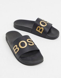 Черно-золотистые шлепанцы BOSS-Черный
