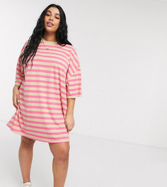 Платье-футболка в стиле oversized в розовую/бежевую полоску ASOS DESIGN Curve-Мульти